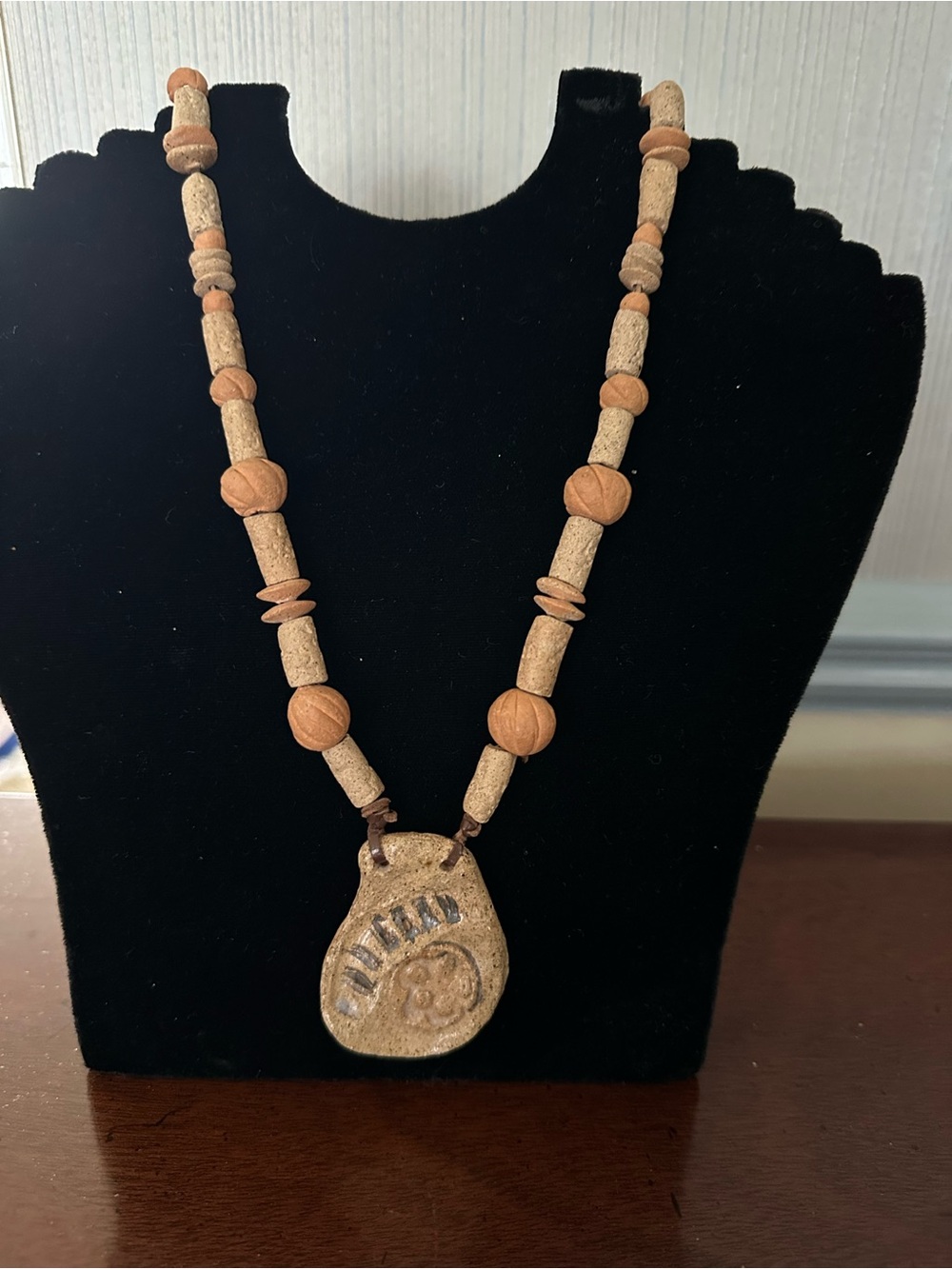 Earthy Handmade Ceramic Pendant Necklace in Tan and Brown